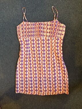 Maeve Linen Blend Purple and Orange Geometric smocked dress
